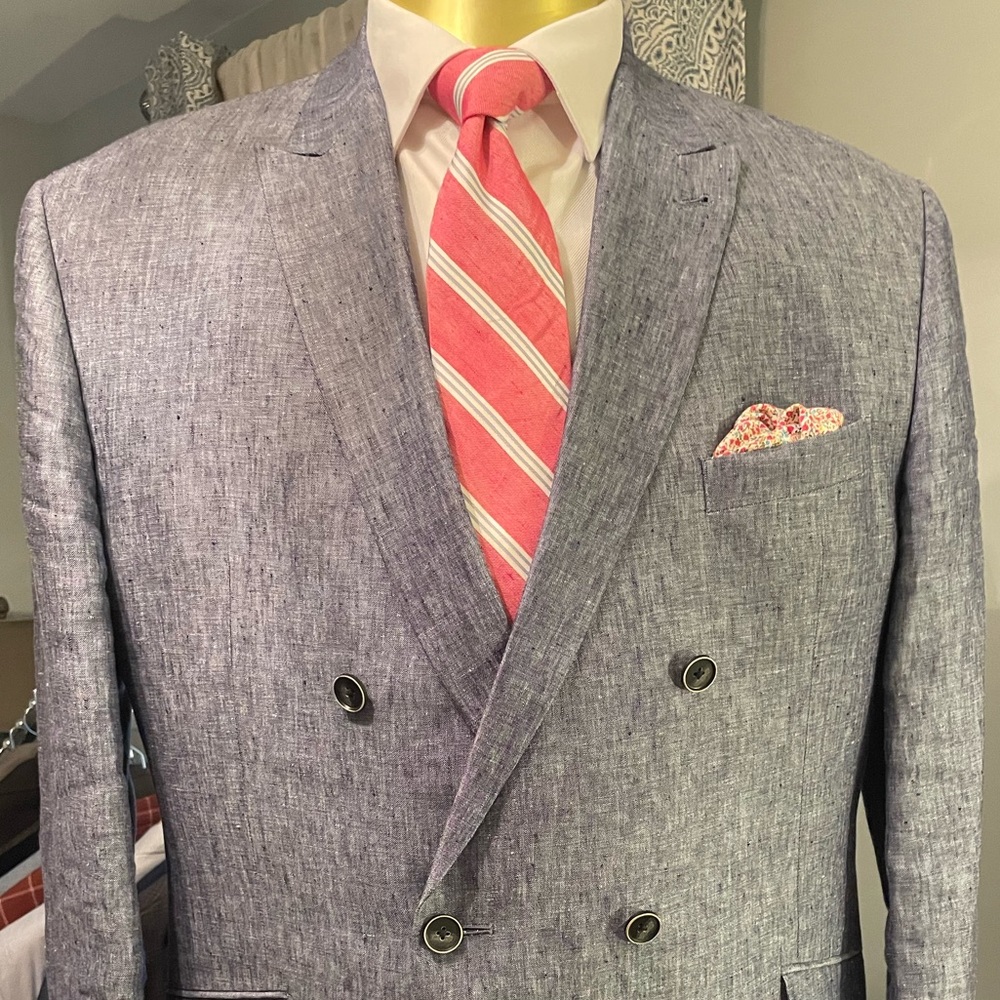 100% LINEN Double Breasted Blue Sport Coat